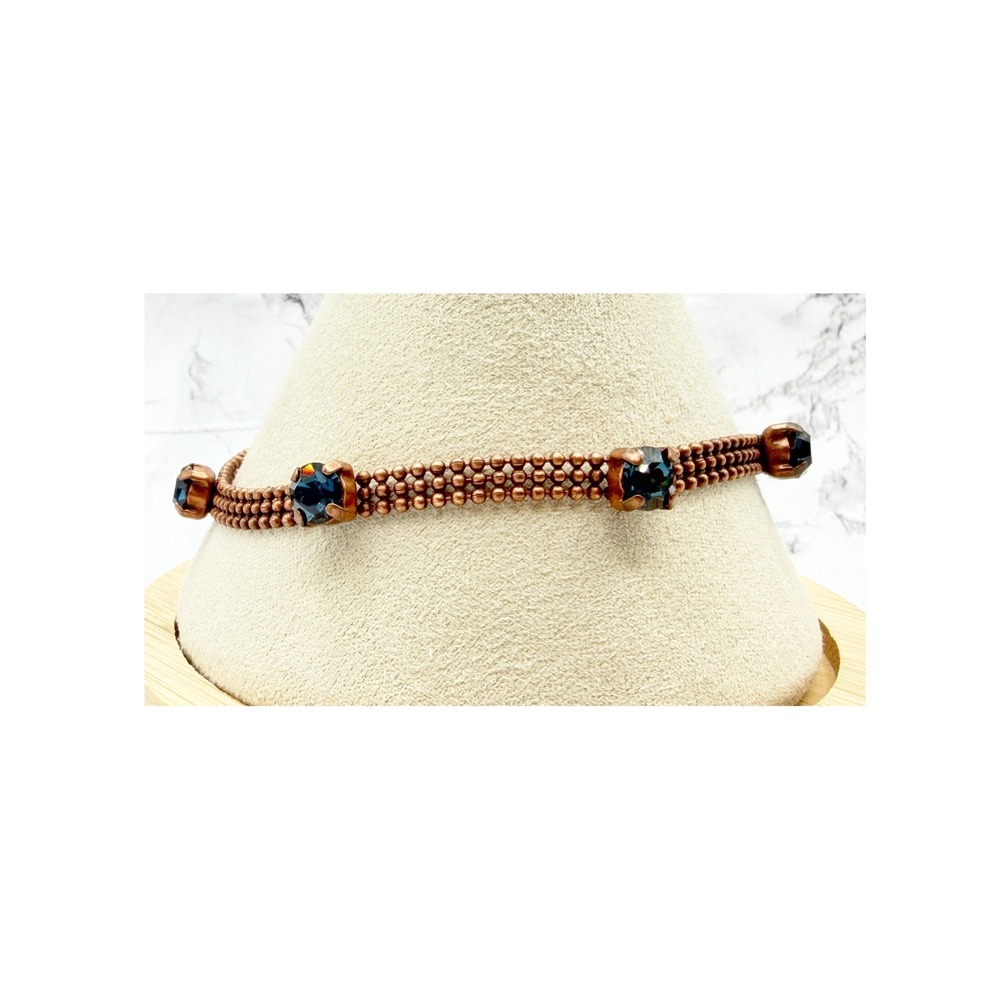 Baked Beads Blue Glass Crystal Bracelet Copper Tone Adjustable 7–8 Inch